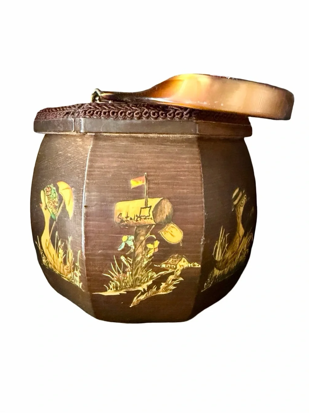 Vintage Handmade Wooden Duck Decoupage Box Purse Lucite Handle, folk art - Picture 6 of 17